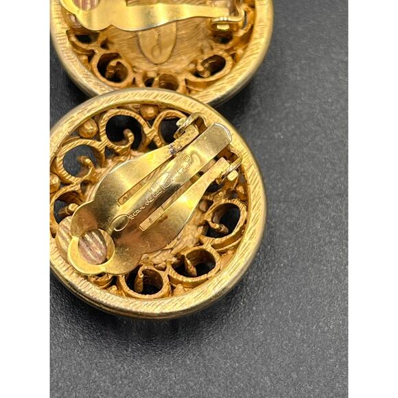 Oscar de la Renta Vintage Signed  Gold Tone Logo Pave Crystal Button Earrings - Picture 5 of 9
